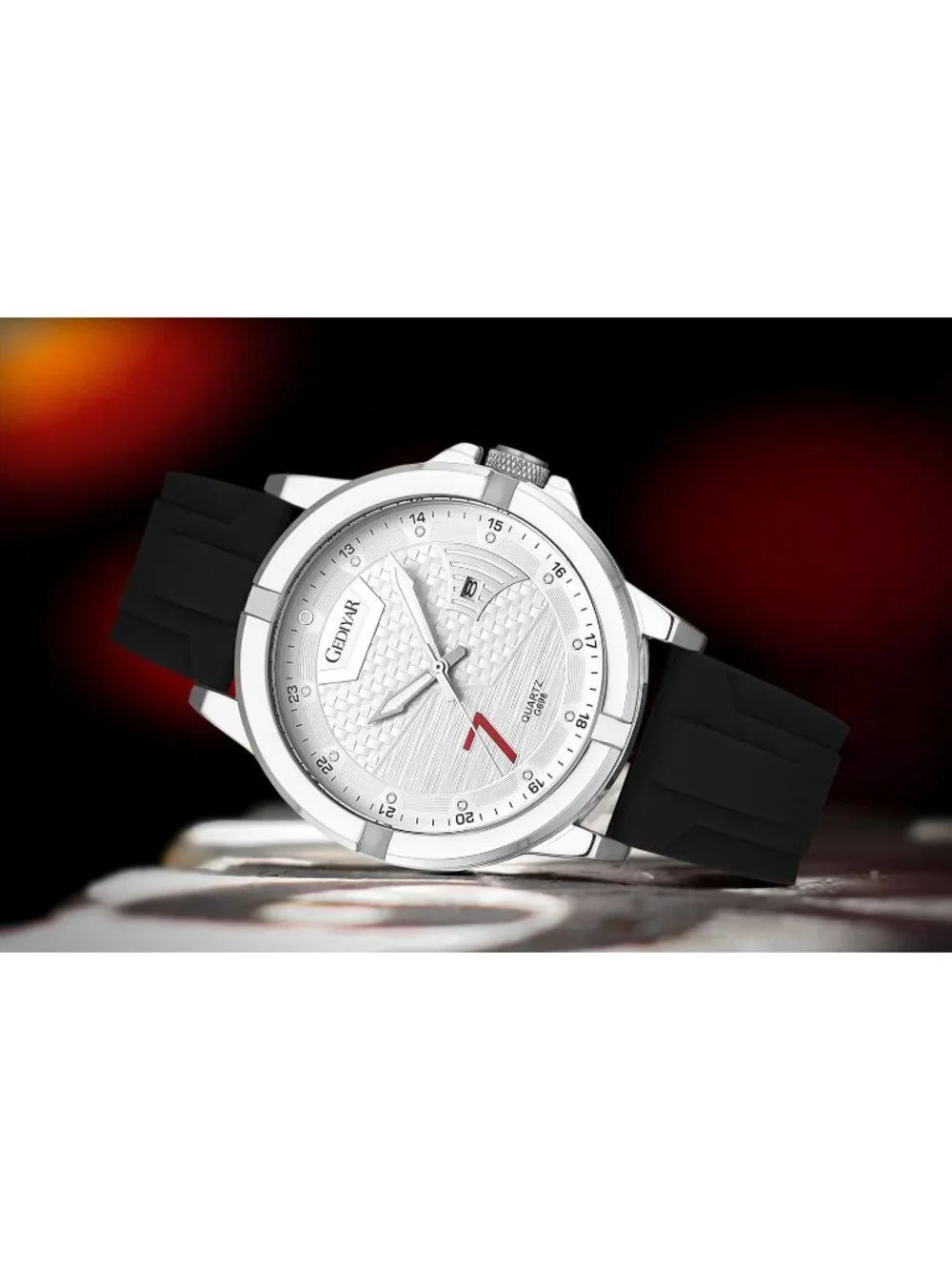 Men's Black And Silver Analog Silicone Band Unique Design Waterproof Wrist Watch